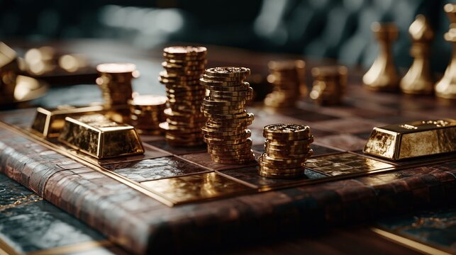 A classic wooden chessboard featuring gold bars and stacks of coins instead of traditional pieces, set in a dimly lit corporate boardroom.