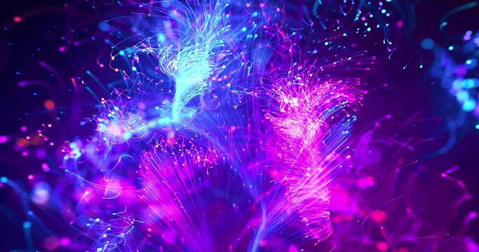Abstract colorful optical fiber light trails glowing in dark space motion background. 3D Abstract Technology Concept Animation.