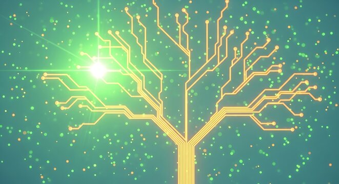 Digital tree made of glowing circuit board lines representing nature and technology integration with floating particles on a teal background