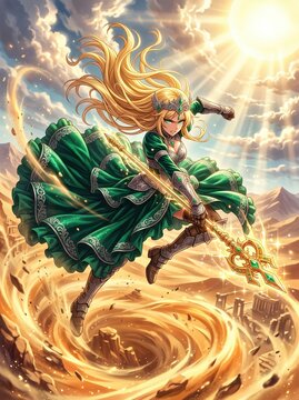 Fantasy warrior queen in green dress wielding golden spear, anime style female knight in desert sandstorm, magical princess character art