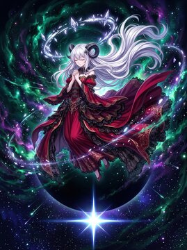 Anime fantasy goddess with white hair and horns, celestial demon queen in red dress, mystical cosmic girl floating in space nebula