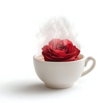 Red rose blooming in a white teacup with steam rising tea cup white background