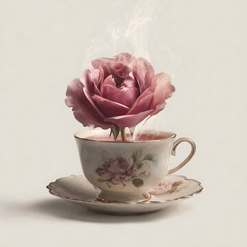 Pink rose in a vintage teacup and saucer with steam rising tea cup beverage