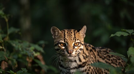 Fototapeta premium Ocelot resting in dense green foliage with natural lighting