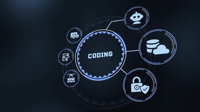 Digital HUD interface highlighting software coding concept with tech icons for cloud, security, robot, and database system