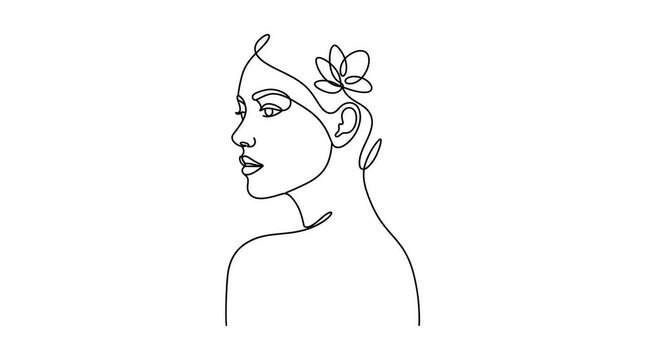 Continuous line art drawing of elegant woman profile with flower in hair isolated on white background

