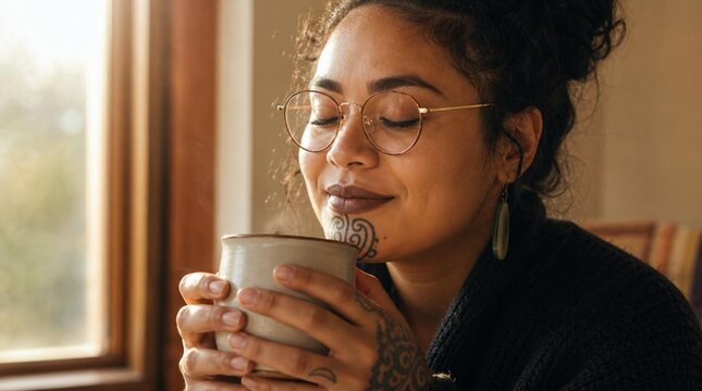 Young Maori woman with chin facial moko tattoo and elegant round glasses enjoying warm beverage from ceramic mug near sunlit window, indigenous cultural beauty portrait with natural makeup and