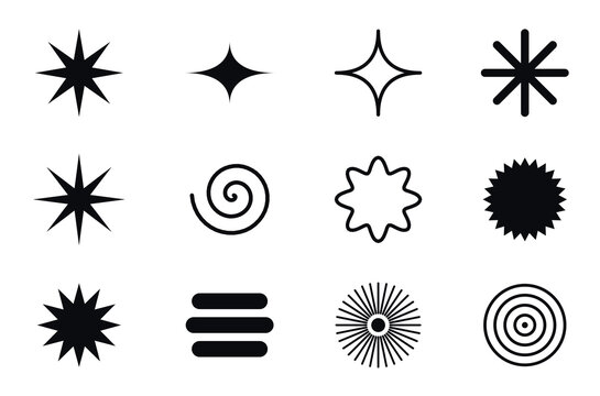 Set of various abstract geometric shapes and star icons in black vector style isolated on transparent background