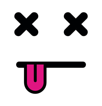 Minimalist icon of a dead face with x eyes and a pink tongue sticking out on a plain white background
