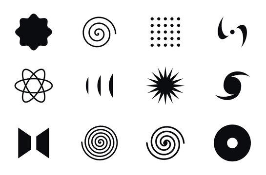 Set of abstract geometric shapes, spirals, and starburst icons in black vector style isolated on transparent background