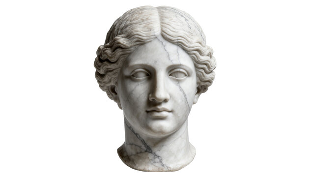 Classical marble bust of a woman with wavy hair, isolated on transparent background