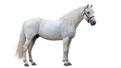 Elegant white horse with a flowing mane and tail wearing a leather halter, isolated on transparent background © iPNGi
