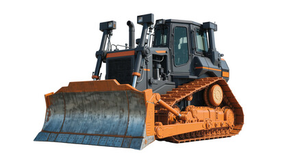 Heavy duty orange and black bulldozer with large metal blade, isolated on transparent background © iPNGi
