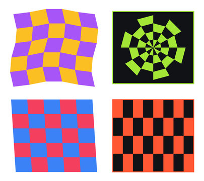Collection of abstract checkered patterns with distorted squares and geometric shapes in vibrant colors isolated on transparent background