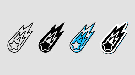 Shooting star and comet vector icon set available in line art, silhouette, colored line, and sticker styles. © BestFren