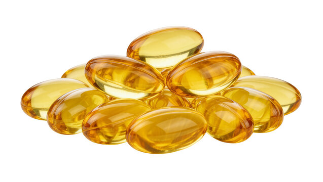 Pile of translucent golden oval softgel capsules isolated on transparent background