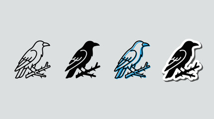 Obraz premium Raven crow bird on branch vector icon set with line silhouette color and sticker styles