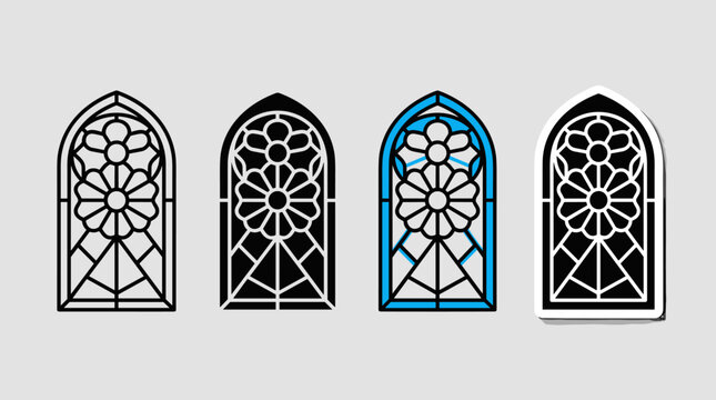 Stained glass rose window vector icon set with line silhouette colored and sticker styles