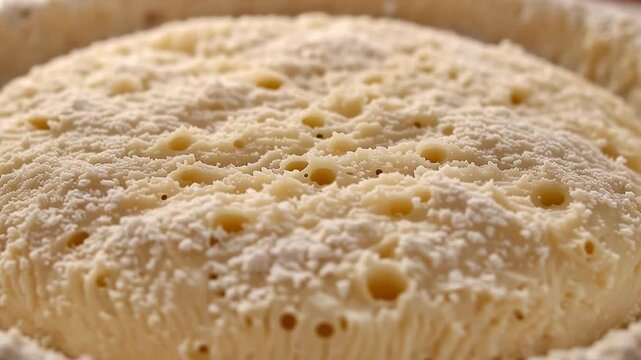 Fresh bread dough slowly rises during proofing in a detailed extreme macro artisan bakery scene.