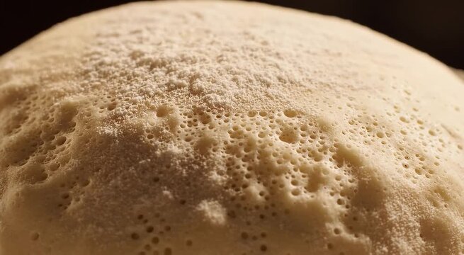 Fresh bread dough slowly rises during proofing in a detailed extreme macro artisan bakery scene.