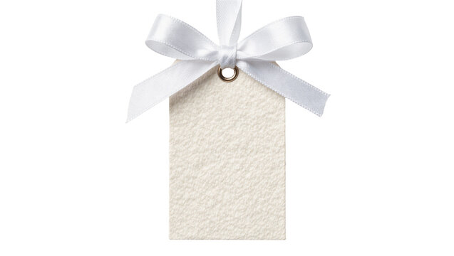 Textured off-white gift tag with white satin ribbon bow, isolated on transparent background