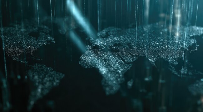 A glowing, digital world map composed of countless sparkling particles