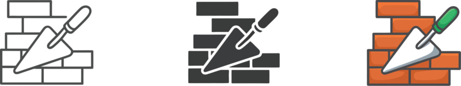 Trowel brick wall icon set in line, solid, and flat colorful styles, masonry tool and brick wall symbols for building, construction, repair, and vector design.
