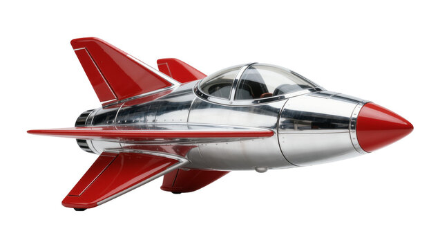 Retro silver and red rocket ship toy with clear cockpit, isolated on transparent background