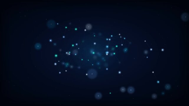 Dynamic abstract technological background featuring glowing blue and green connected dots and lines forming a complex data network against a dark digital space, symbolizing global communication, ar...