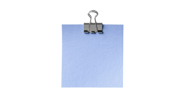 Blue paper note attached with a metal binder clip, isolated on transparent background
