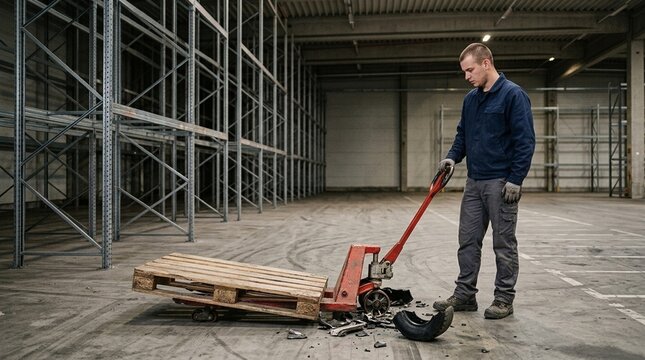 Worker Standing Beside a Broken Pallet Jack near Empty Racks - Empty Store Shelf and Supply Shortage Business Concept