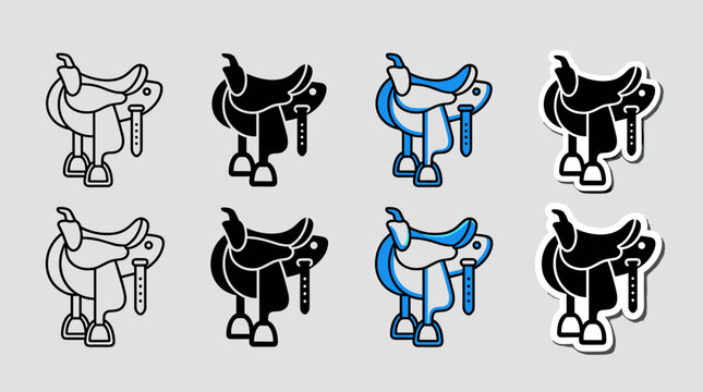 Dragon rider saddle vector icon set in outline solid filled colored and sticker style variations