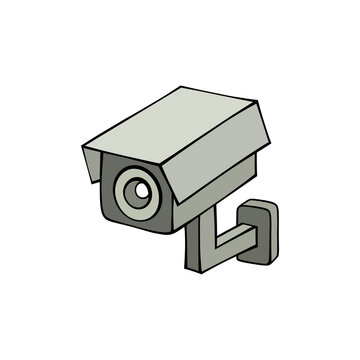 Security camera illustration with geometric design, surveillance lens, protective housing, and mounting bracket isolated on transparent background vector art