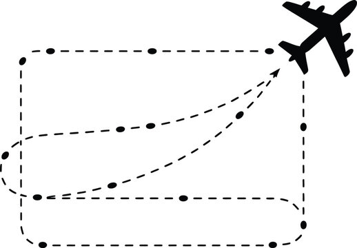 Commercial jet airplane icon flying above a dotted rectangular navigation path with flight path dashed line aircraft icon flight route air travel jet plane vector illustra