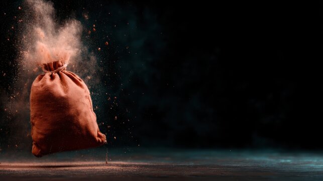 A brown sack releasing vibrant clouds of powder, illustrating the dynamic interplay of motion and color in this captivating abstract image, ideal for creative visuals.