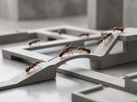 Ants navigating connected structure symbolizing teamwork and organization