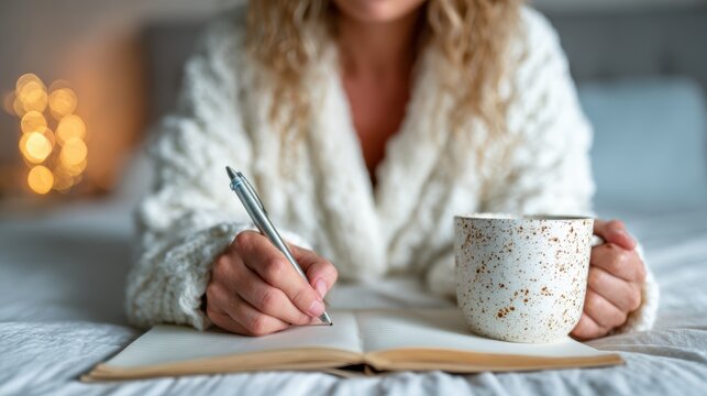 A woman in a cozy sweater jots down thoughts in her notebook while savoring a warm drink, encapsulating the essence of comfort, creativity, and reflective moments at home.