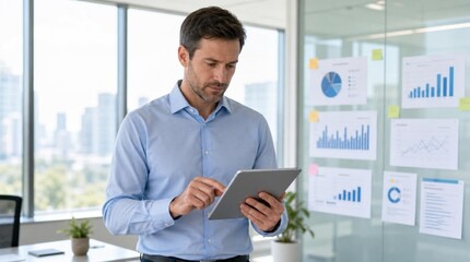 Fototapeta premium Focused businessman in light blue shirt reviewing data on tablet in modern glass office with colorful charts, graphs, sticky notes, and city skyline view through large window