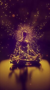 Looped 3D animation. Golden particles rotate around a meditating person.