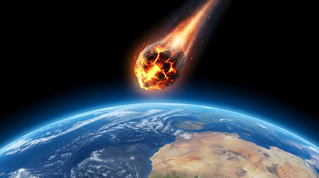 Blazing asteroid entering Earth atmosphere above the planet surface