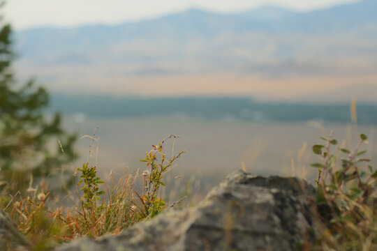 Atmospheric mountain valley veiled in soft haze with distant ridges