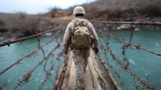 A soldier cautiously walks across a rustic barbed wire bridge over a river, embodying bravery and the precarious balance between danger and safety during missions.