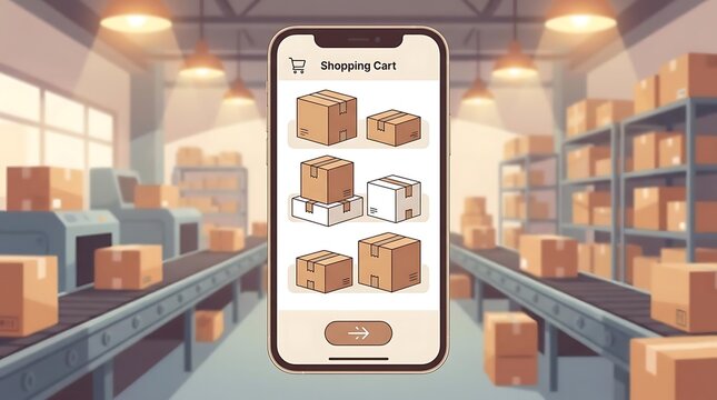E-commerce shopping cart app interface over warehouse background.