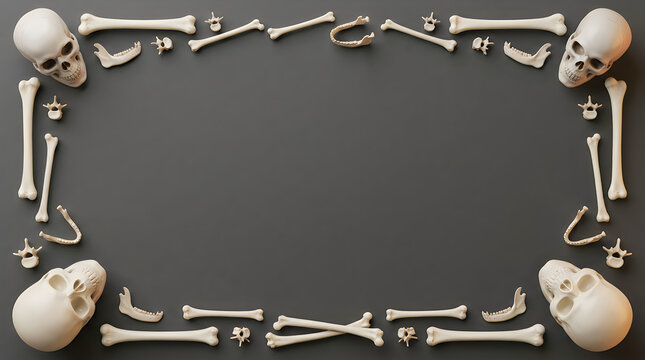 Human skeleton frame arrangement with skulls and bones on textured background