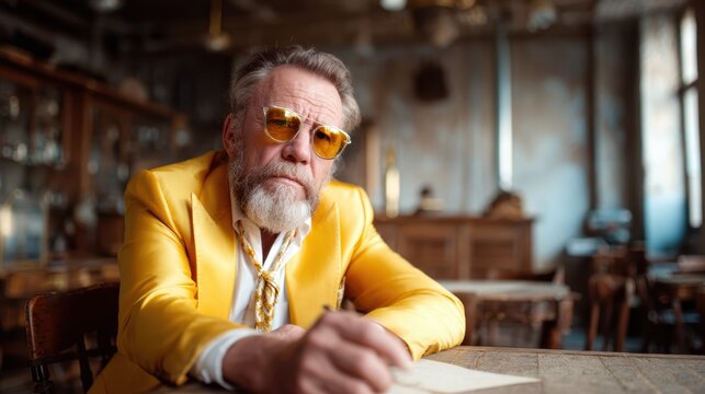 A thoughtful gentleman in a striking yellow suit sits at a rustic table, pen in hand, deep in contemplation, exuding a sense of wisdom and artistic flair in a vintage setting.