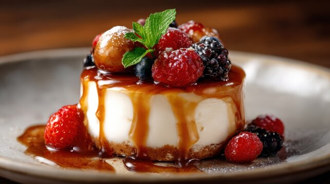 This delectable dessert features a creamy cheesecake adorned with a luscious caramel drizzle and an assortment of fresh berries, promising a delightful taste experience.