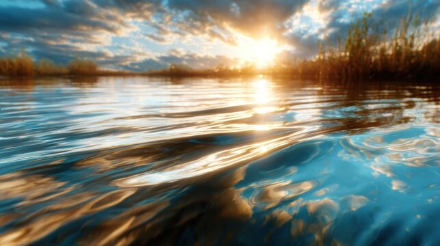 The serene image of rippling water at sunset captures the vibrant reflections of clouds and sunlight, creating a peaceful scene that evokes tranquility and natural beauty.