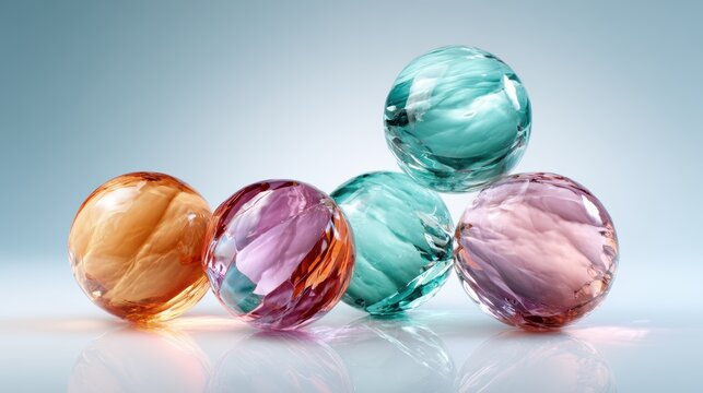 A captivating arrangement of colorful glass marbles sits on a smooth surface, showcasing their intricate patterns and translucence with soft lighting enhancing their beauty.