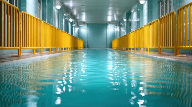 A serene swimming pool hall features a long pool bordered by bright yellow railings, inviting relaxation while reflecting gentle turquoise hues from the water's surface.