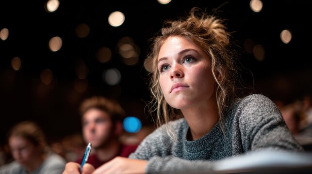 A young female student sits attentively in a lecture hall, reflecting a mix of concentration and curiosity, surrounded by fellow students and the warm glow of soft stage lights.